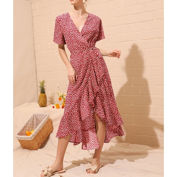 MBM Unlimited Dresses & Skirts - Red Ditsy Floral Summer Ruffle Wrap Maxi Dress